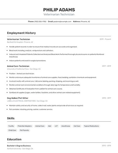 Veterinarian Technician Resume