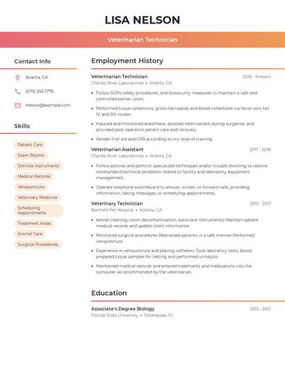 Veterinarian Technician Resume