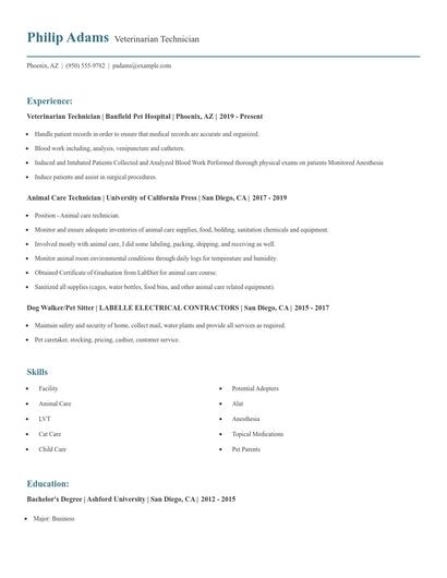 Veterinarian Technician Resume