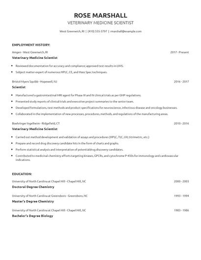 Veterinary Medicine Scientist Resume