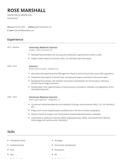 Veterinary Medicine Scientist Resume