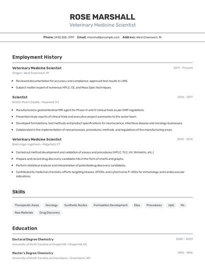 Veterinary Medicine Scientist Resume