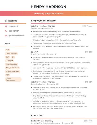 Veterinary Medicine Scientist Resume