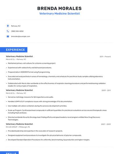 Veterinary Medicine Scientist Resume