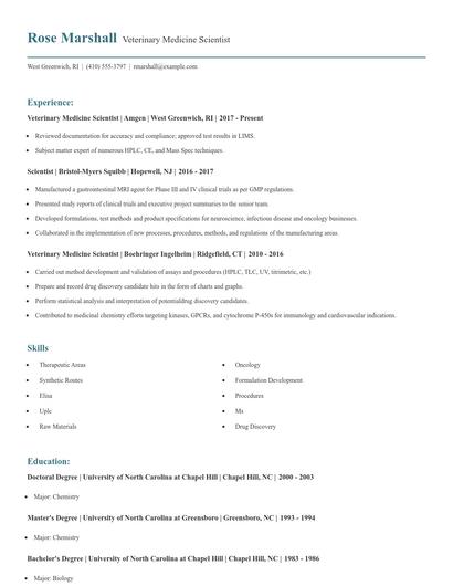Veterinary Medicine Scientist Resume