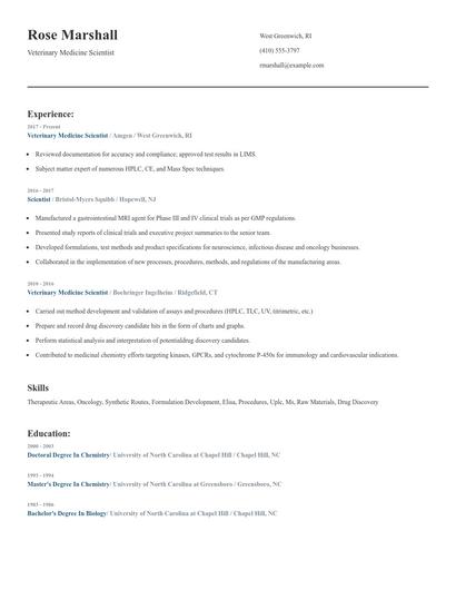 Veterinary Medicine Scientist Resume
