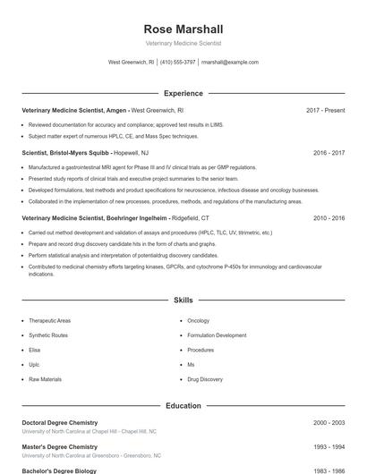 Veterinary Medicine Scientist Resume
