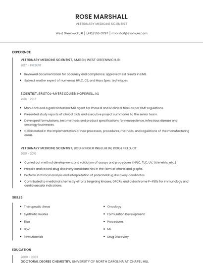 Veterinary Medicine Scientist Resume