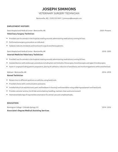 Veterinary Surgery Technician Resume
