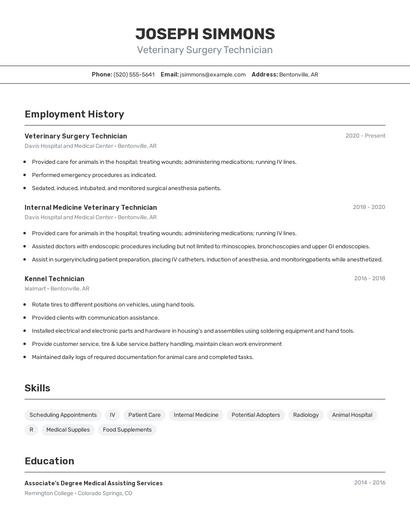Veterinary Surgery Technician Resume
