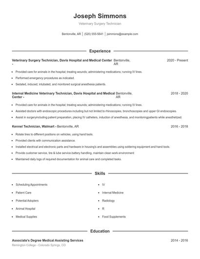 Veterinary Surgery Technician Resume