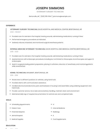 Veterinary Surgery Technician Resume