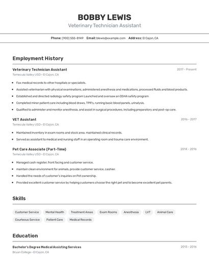Veterinary Technician Assistant Resume