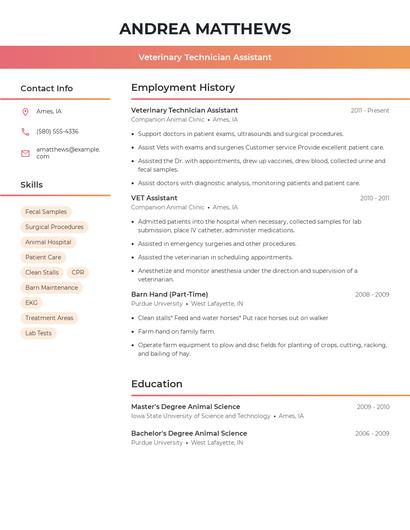 Veterinary Technician Assistant Resume