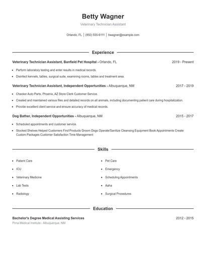 Veterinary Technician Assistant Resume