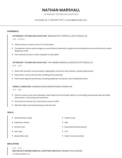 Veterinary Technician Assistant Resume