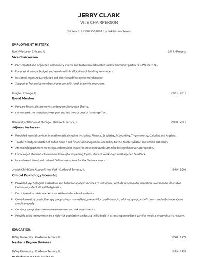 Vice Chairperson Resume