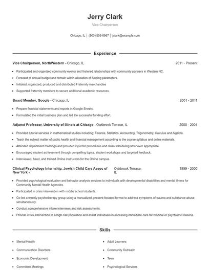 Vice Chairperson Resume