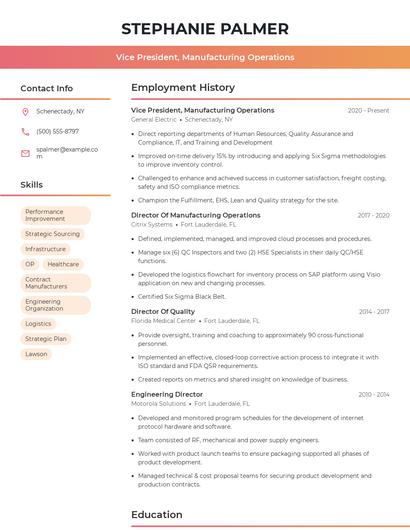 Vice President, Manufacturing Operations Resume