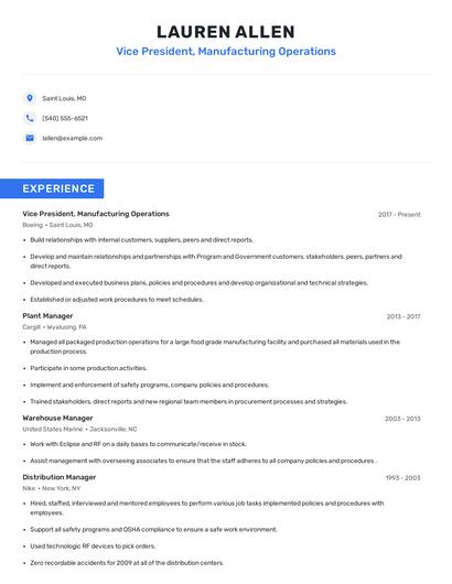 Vice President, Manufacturing Operations Resume