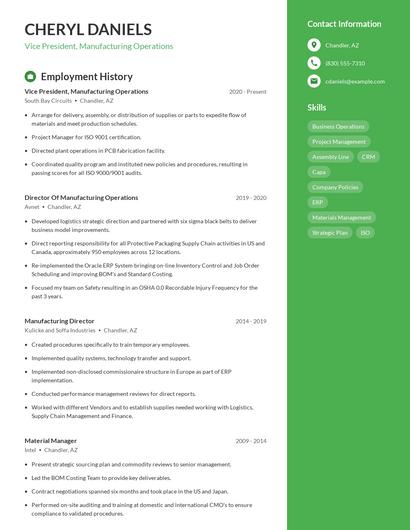 Vice President, Manufacturing Operations Resume