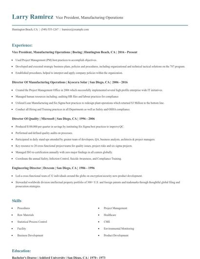 Vice President, Manufacturing Operations Resume