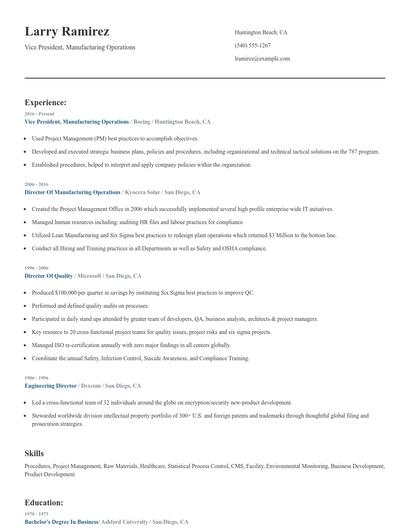 Vice President, Manufacturing Operations Resume