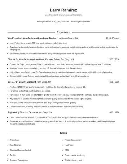 Vice President, Manufacturing Operations Resume