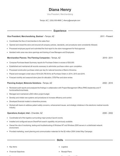Vice President, Merchandising Resume