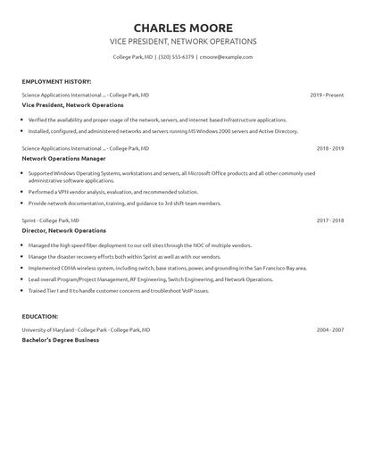 Vice President, Network Operations Resume