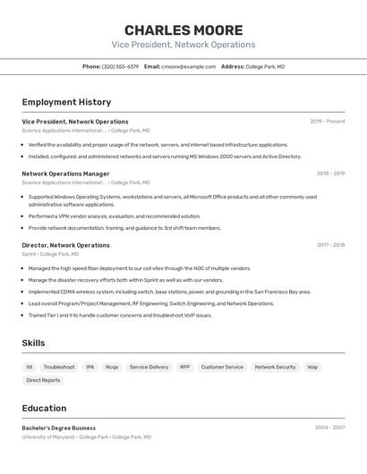 Vice President, Network Operations Resume