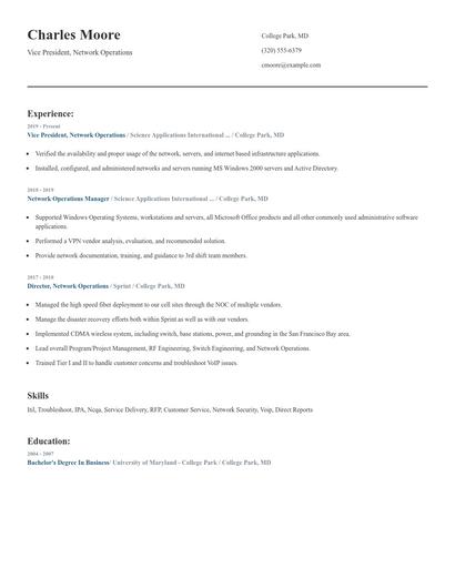 Vice President, Network Operations Resume