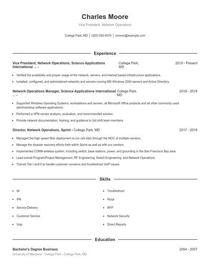 Vice President, Network Operations Resume