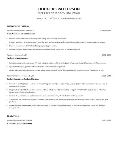 Vice President Of Construction Resume
