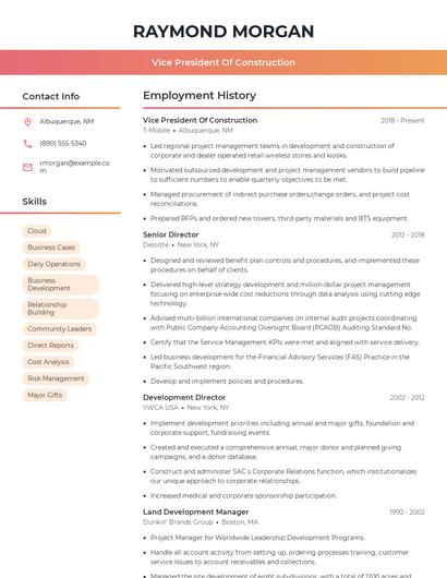 Vice President Of Construction Resume
