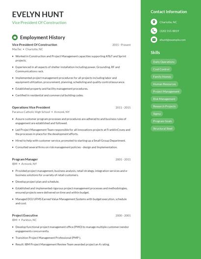 Vice President Of Construction Resume