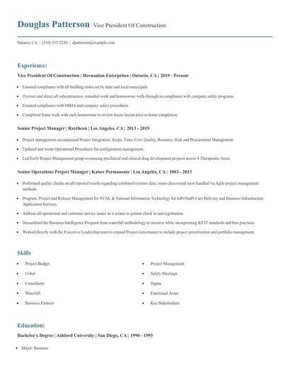 Vice President Of Construction Resume