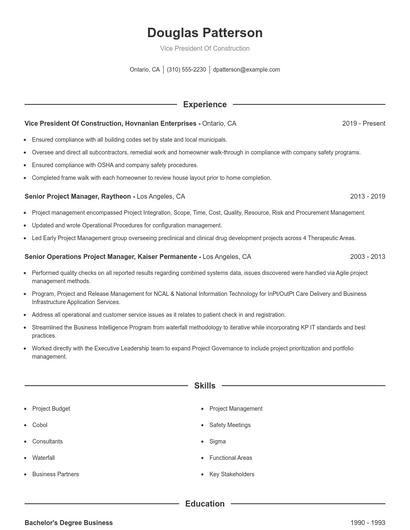 Vice President Of Construction Resume