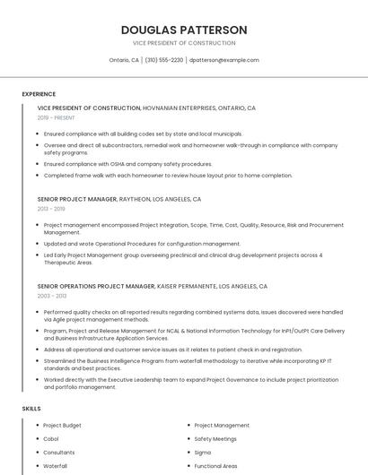 Vice President Of Construction Resume