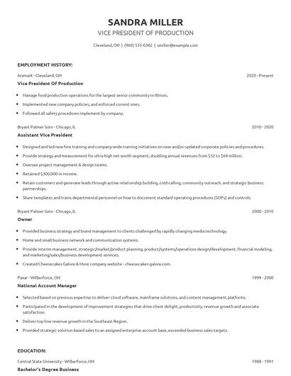Vice President Of Production Resume