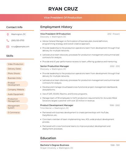 Vice President Of Production Resume
