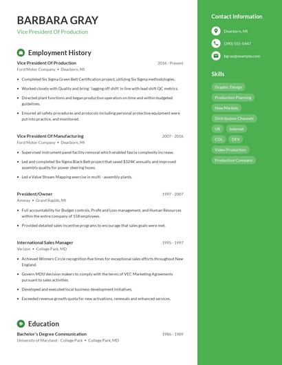 Vice President Of Production Resume