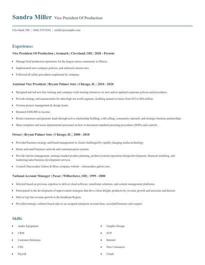 Vice President Of Production Resume