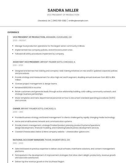 Vice President Of Production Resume