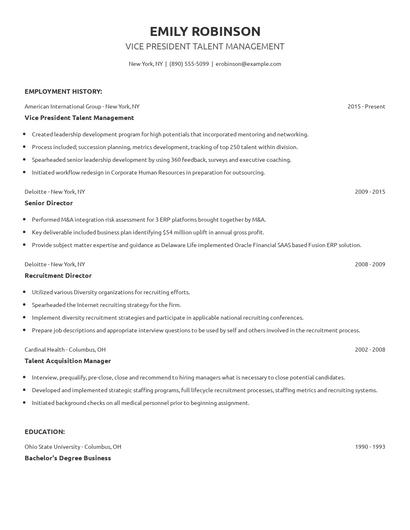 Vice President Talent Management Resume