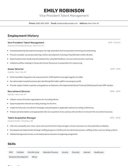 Vice President Talent Management Resume