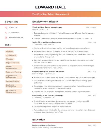 Vice President Talent Management Resume