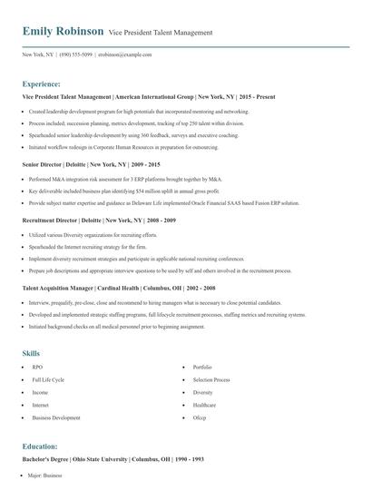 Vice President Talent Management Resume