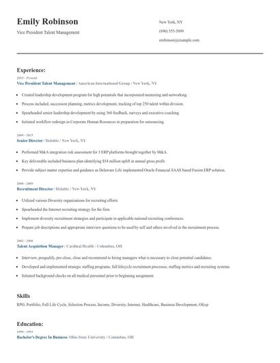 Vice President Talent Management Resume