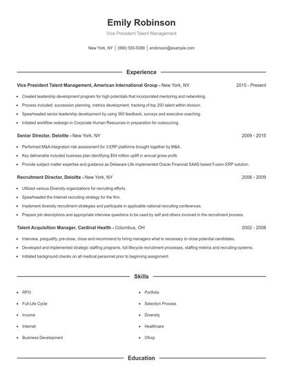 Vice President Talent Management Resume
